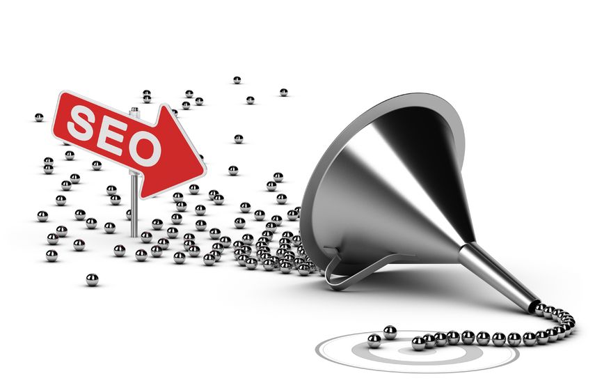funnel with many chrome balls at the output there is a grey target, at the enter there is an arrow with the word seo - abstract schematic 3d render concept image suitable for conceptual illustration of a seo campaign